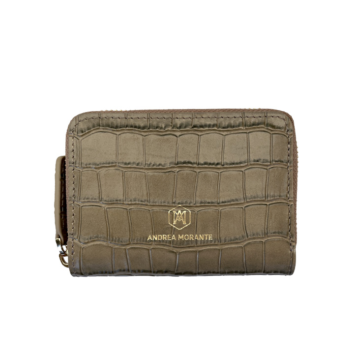 Portafoglio mini con zip in pelle di coccodrillo goffrato grigio